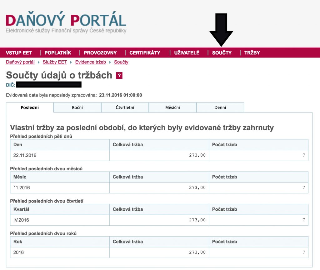 Jak si zkontrolovat celkové tržby, které už Finanční správa eviduje, obrázek 1