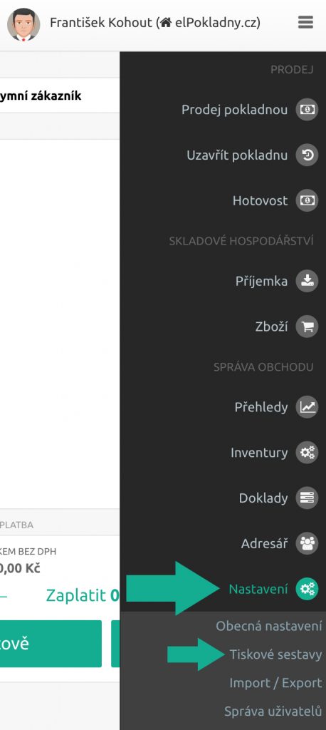 Menu, Nastavení, Tiskové sestavy